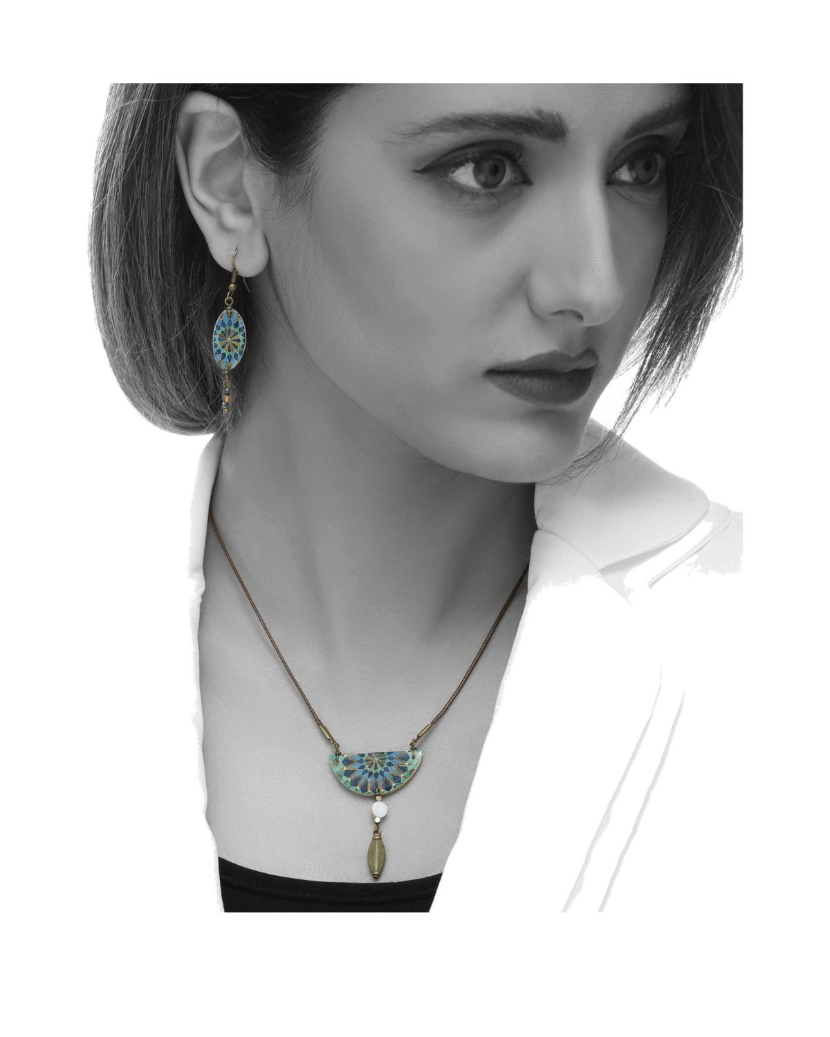Casablanca Semicircle Tile Necklace – worn, in scale, hand-cut air-dried Persian tile