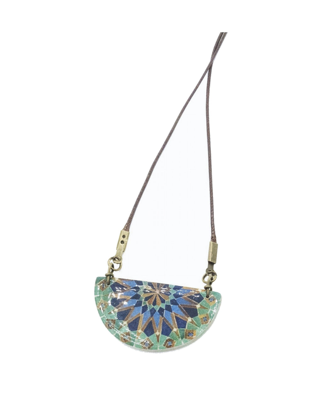 Casablanca Semicircle Tile Necklace – detail, hand-cut air-dried Persian tile