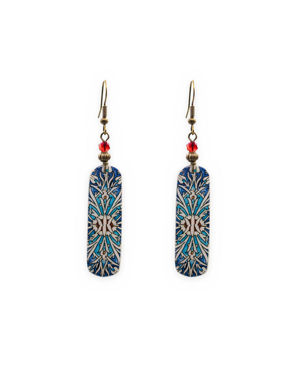 Cheshme Rectangular Tile Earrings – front view, hand-cut air-dried Persian tile