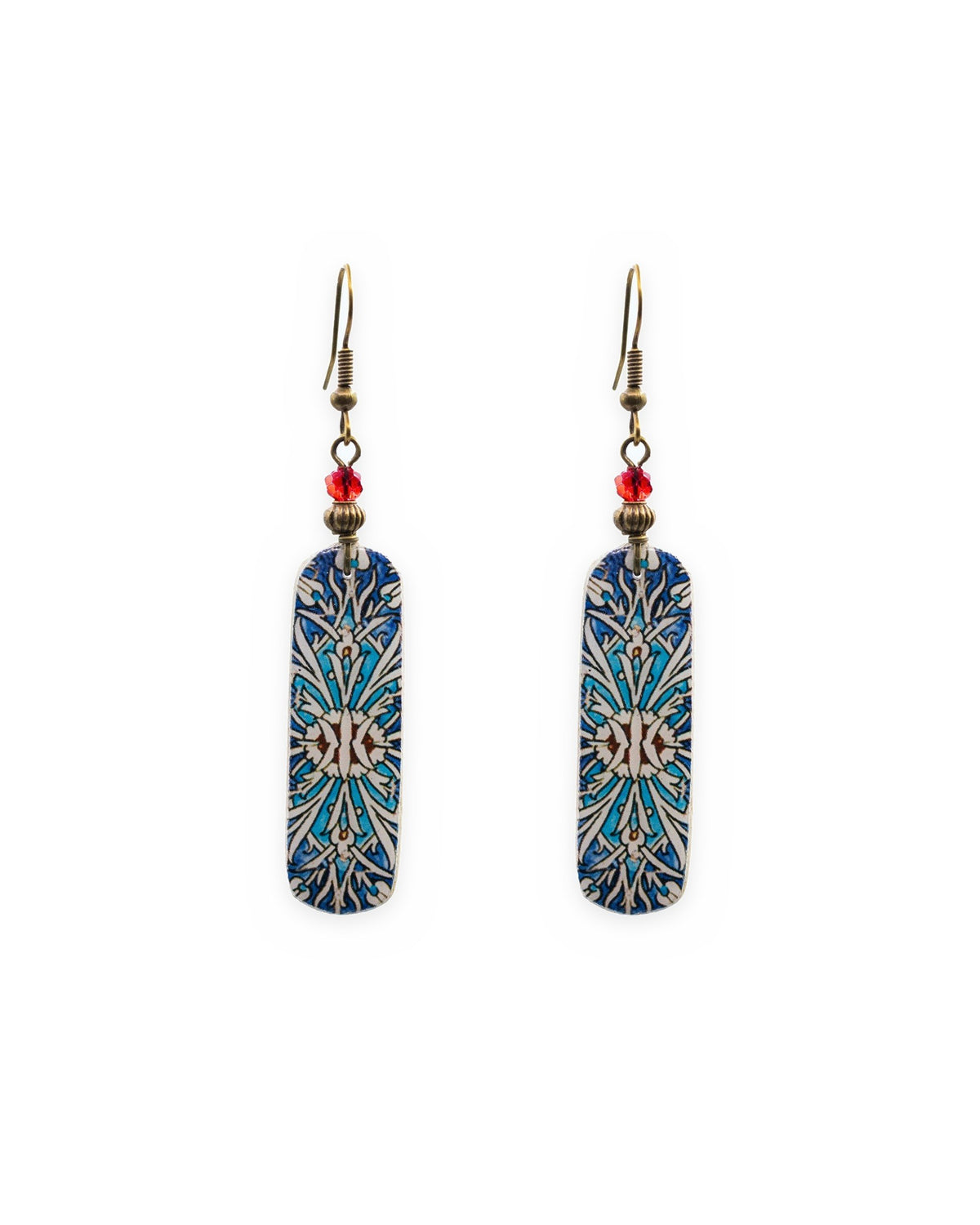Cheshme Rectangular Tile Earrings – front view, hand-cut air-dried Persian tile