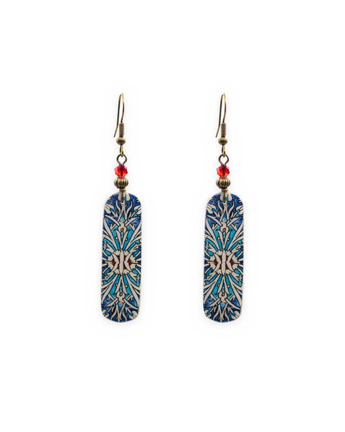 Cheshme Rectangular Tile Earrings – front view, hand-cut air-dried Persian tile