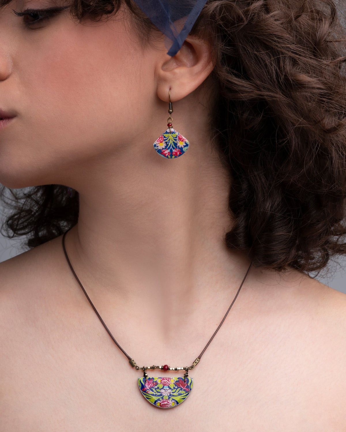 Golestan Gift Set – necklace and earrings worn together, in scale, hand-cut air-dried Persian tile