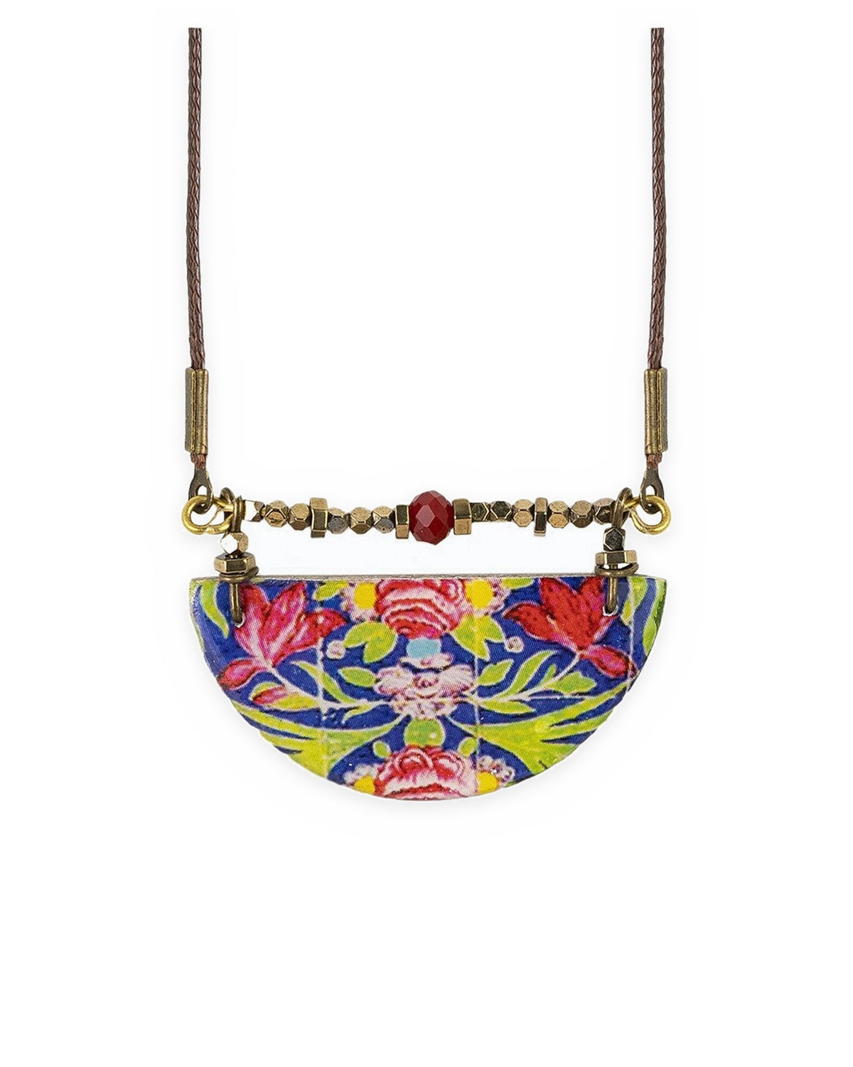 Golestan Semicircle Tile Necklace – front view, hand-cut air-dried Persian tile