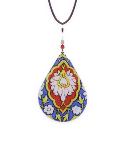 Kashmar Teardrop Tile Necklace – front view, hand-cut air-dried Persian tile