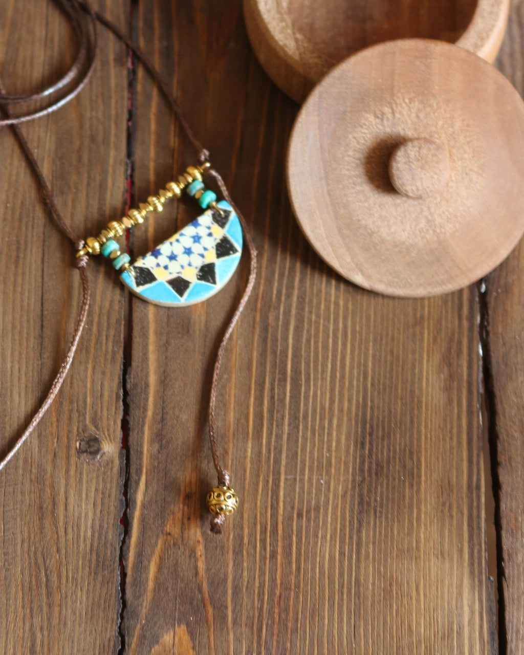 Moaragh Semicircle Tile Necklace – lifestyle, hand-cut air-dried Persian tile