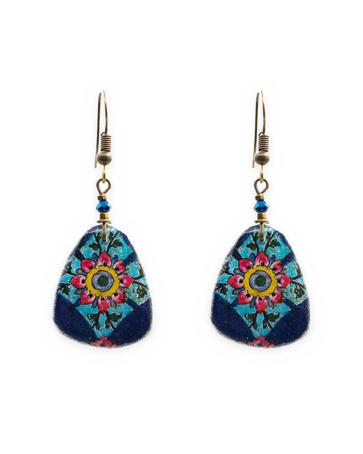 Nastaran Rounded Triangle Tile Earrings – front view, hand-cut air-dried Persian tile
