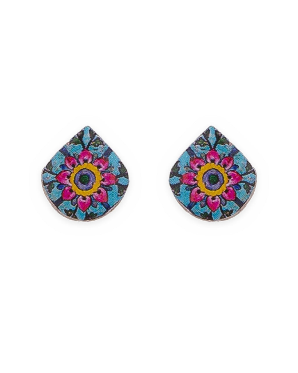 Nastaran Teardrop Tile Stud Earrings – front view, hand-cut air-dried Persian tile