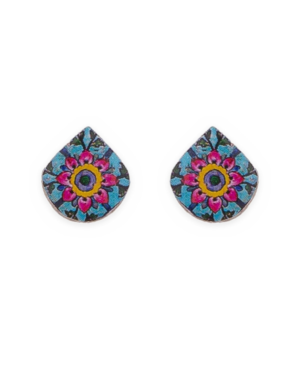 Nastaran Teardrop Tile Stud Earrings – front view, hand-cut air-dried Persian tile