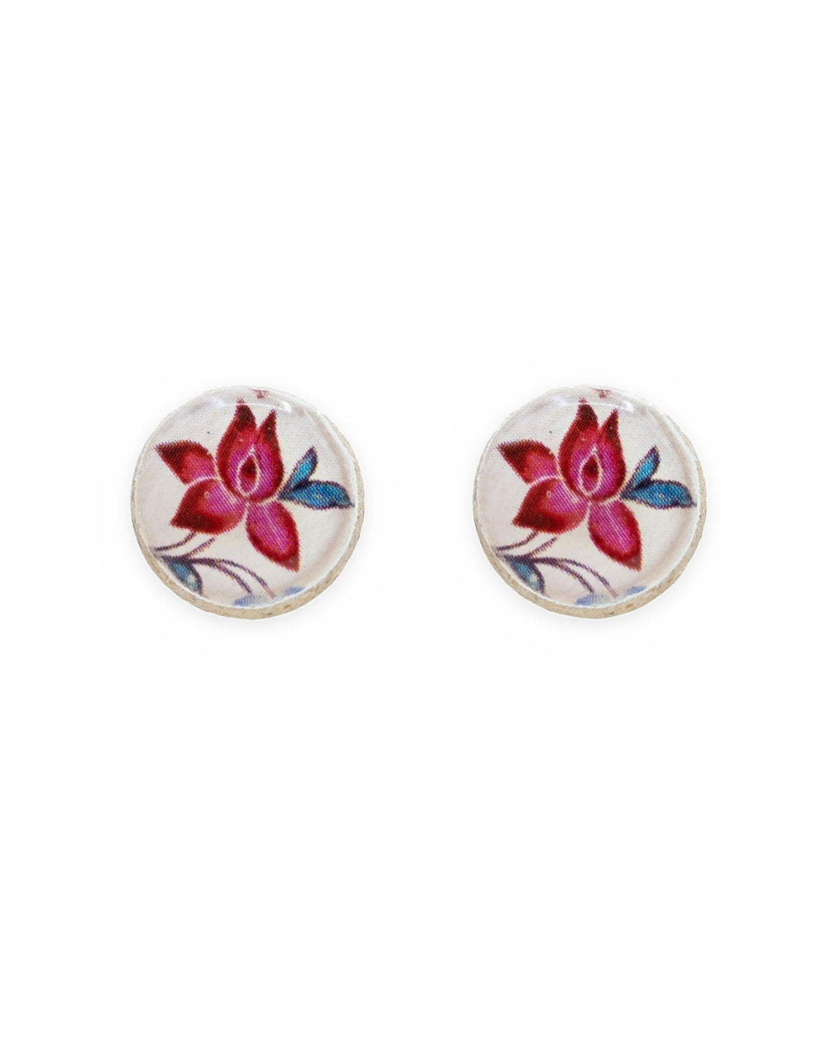 Qonche Round Tile Stud Earrings – front view, hand-cut air-dried Persian tile