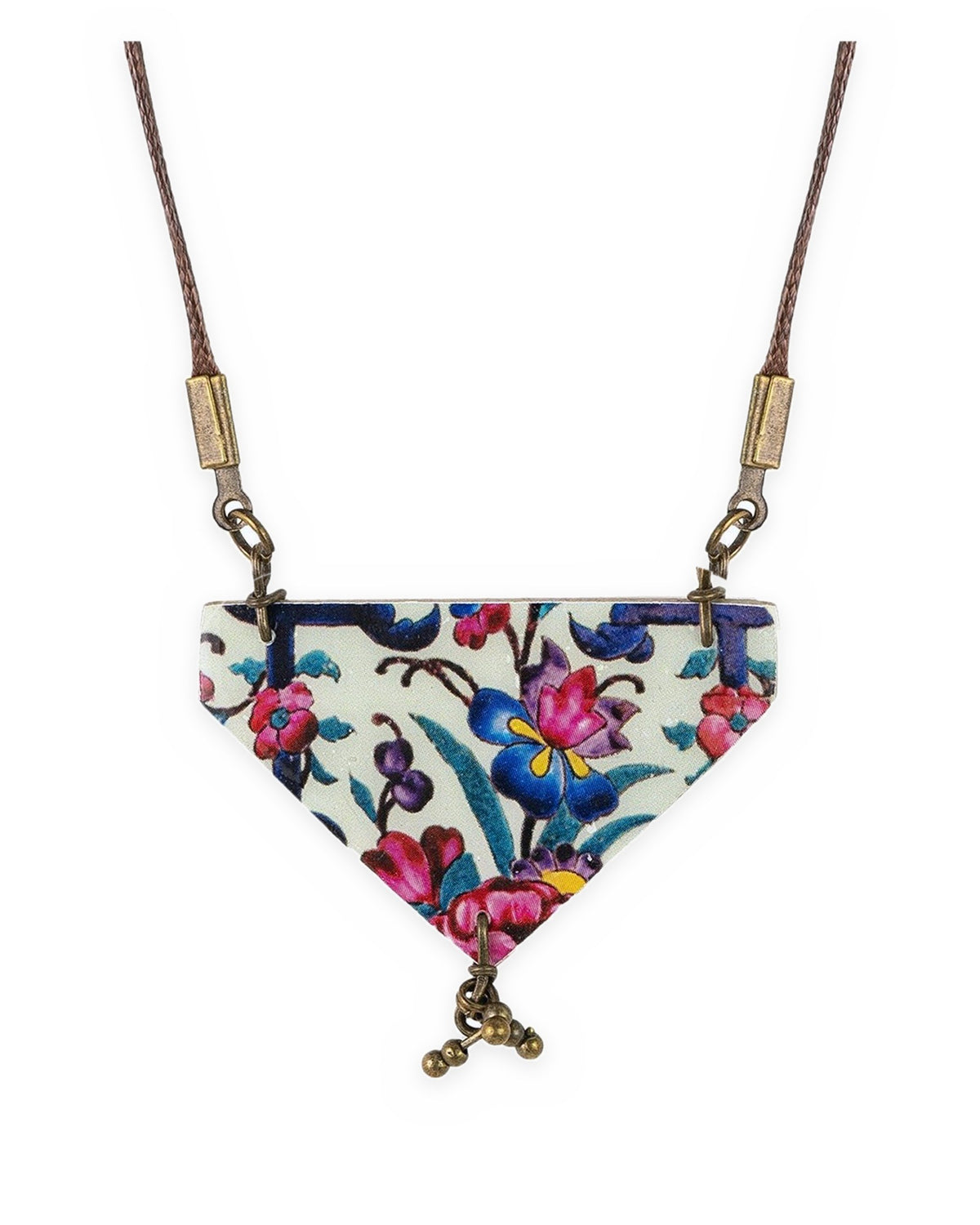 Qonche Triangular Tile Necklace – front view, hand-cut air-dried Persian tile