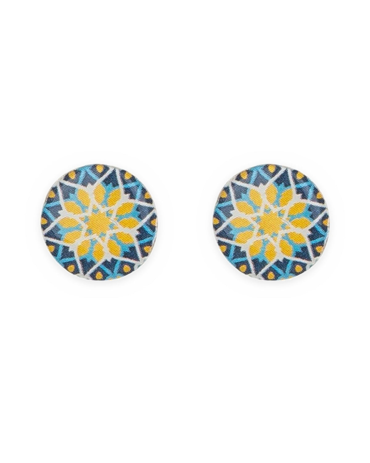 Setare Round Tile Stud Earrings – front view, hand-cut air-dried Persian tile