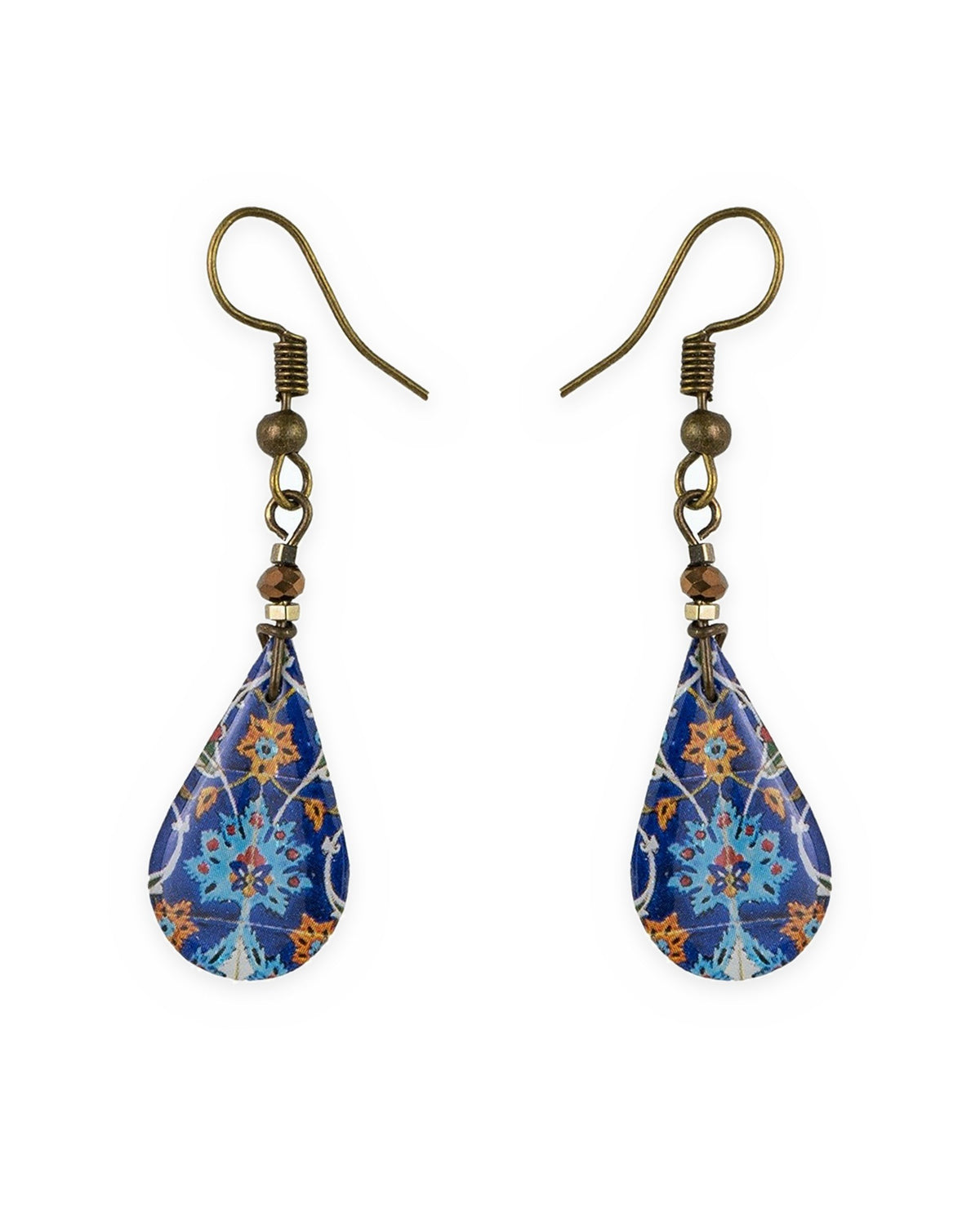Shamseh Teardrop Tile Earrings – front view, hand-cut air-dried Persian tile