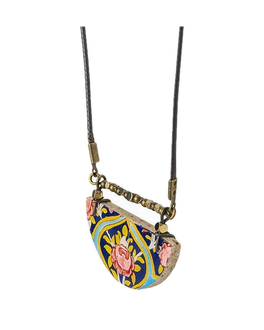 Shiraz Semicircle Tile Necklace – detail, hand-cut air-dried Persian tile
