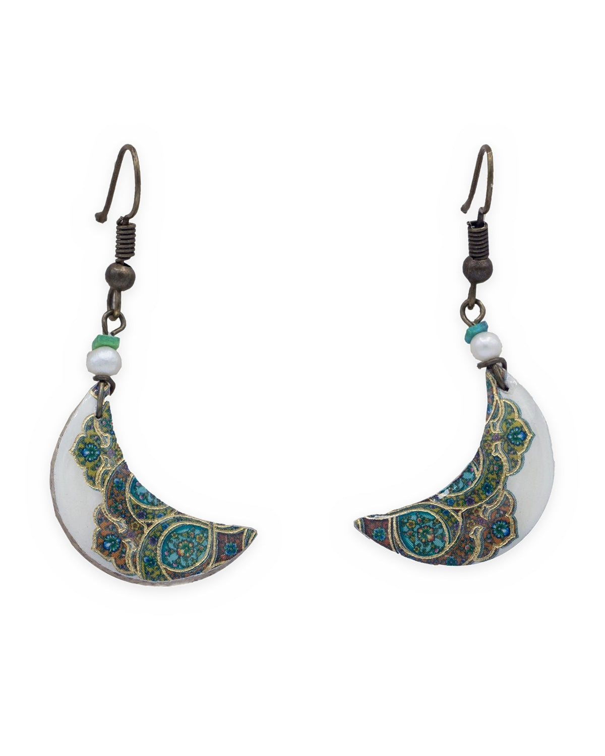 Tahzib Crescent Tile Earrings – front view, hand-cut air-dried Persian tile