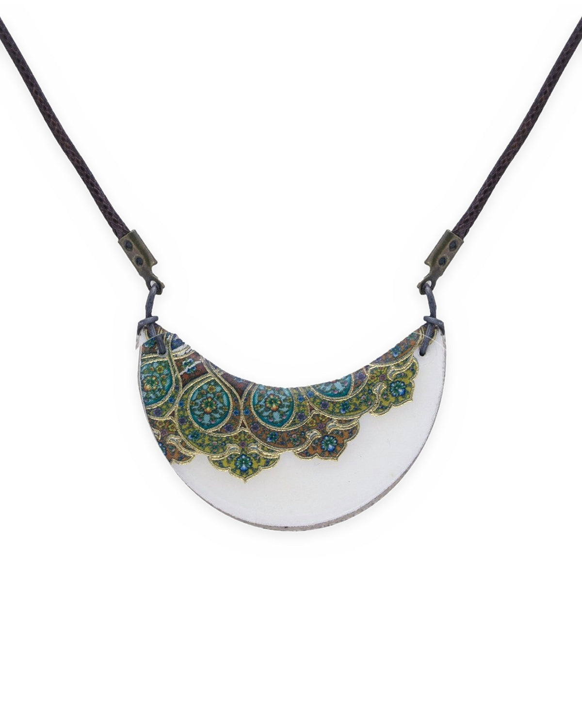 Tahzib Crescent Tile Necklace – front view, hand-cut air-dried Persian tile
