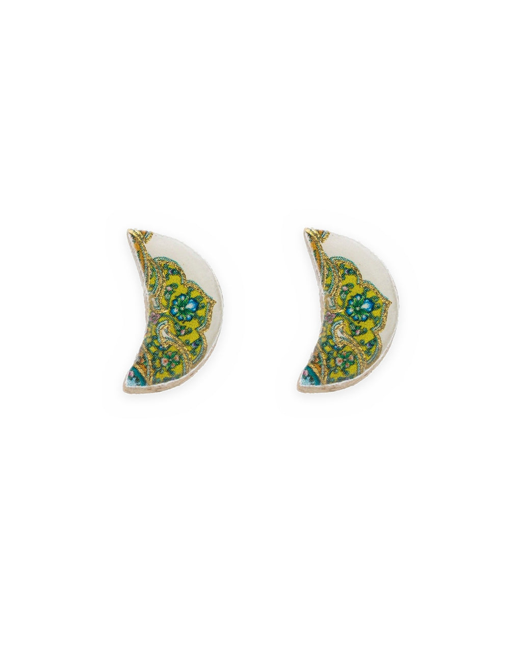 Tahzib Crescent Tile Stud Earrings – front view, hand-cut air-dried Persian tile