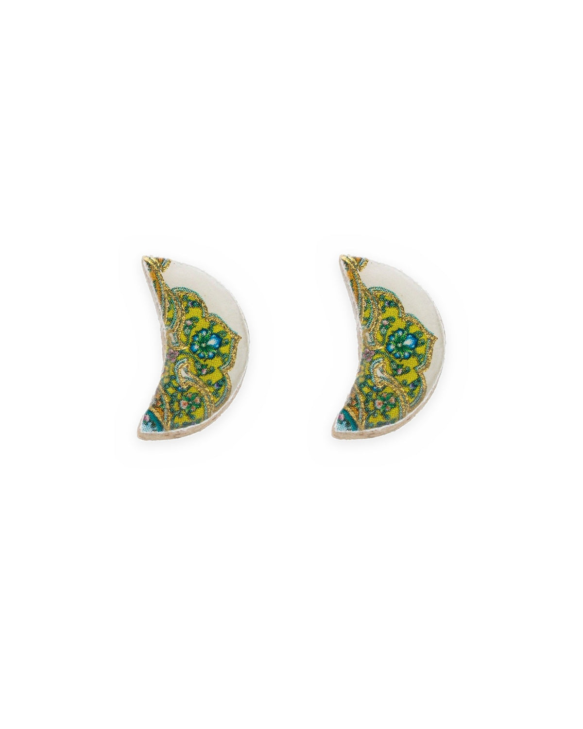 Tahzib Crescent Tile Stud Earrings – front view, hand-cut air-dried Persian tile