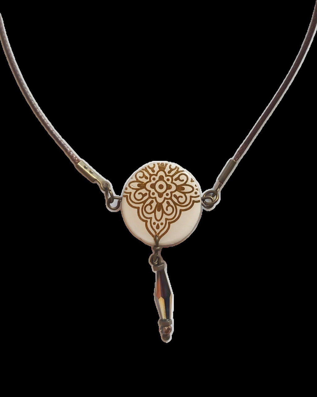 Tala Round Tile Necklace – lifestyle, hand-cut air-dried Persian tile