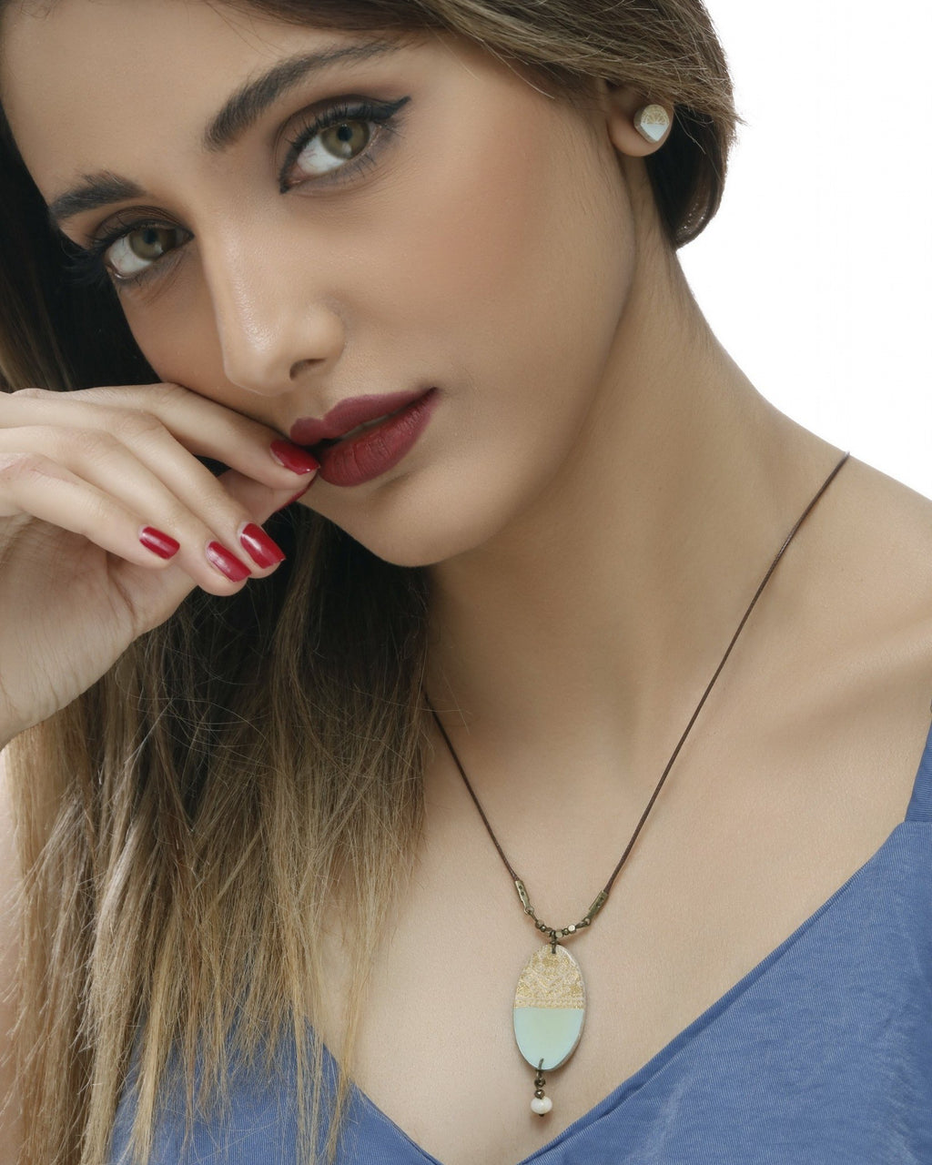 Tolu Oval Tile Necklace – worn, in scale, hand-cut air-dried Persian tile