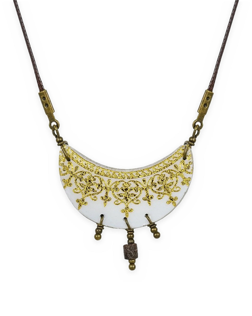 Zarrin Crescent Tile Necklace – front view, hand-cut air-dried Persian tile