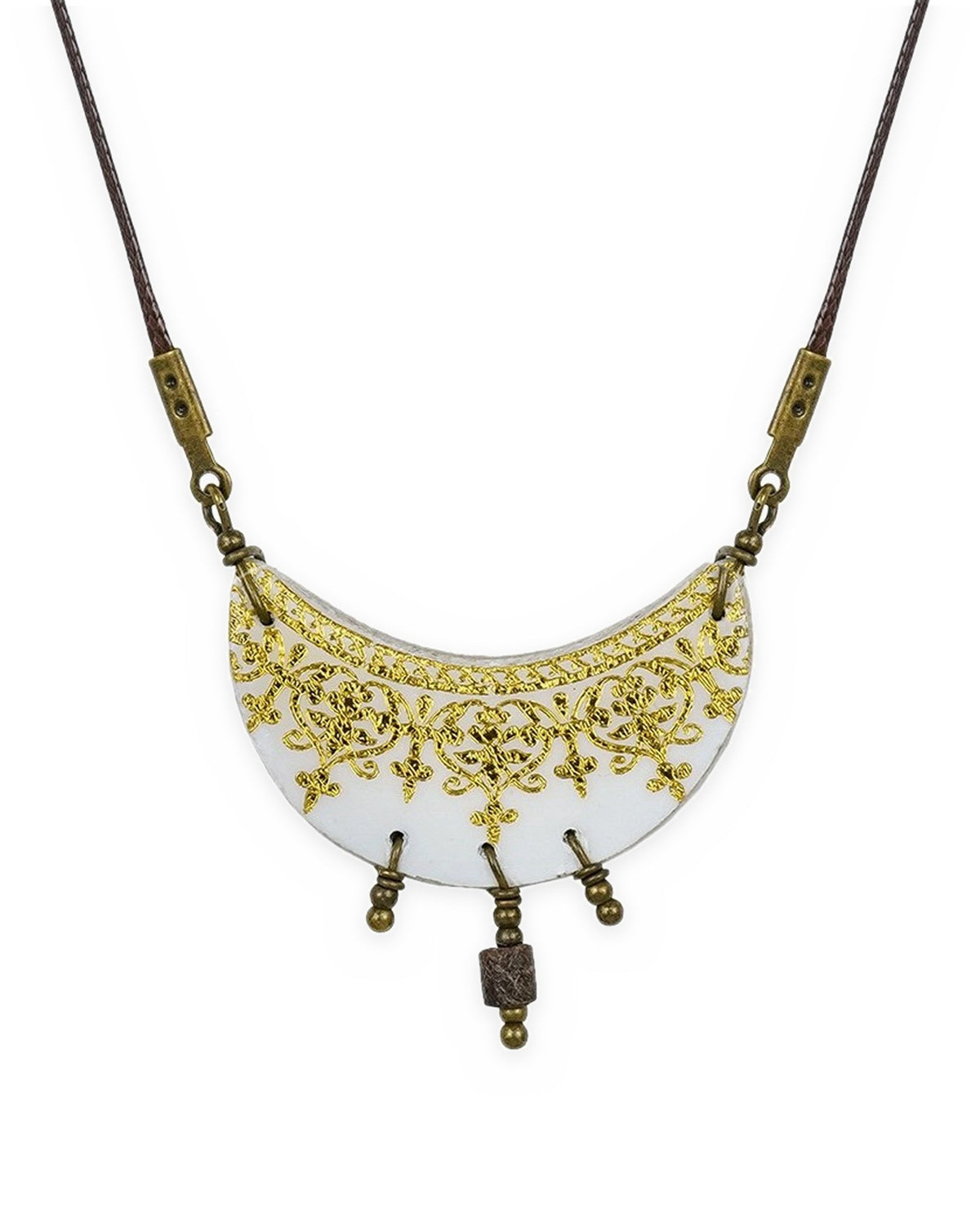 Zarrin Crescent Tile Necklace – front view, hand-cut air-dried Persian tile