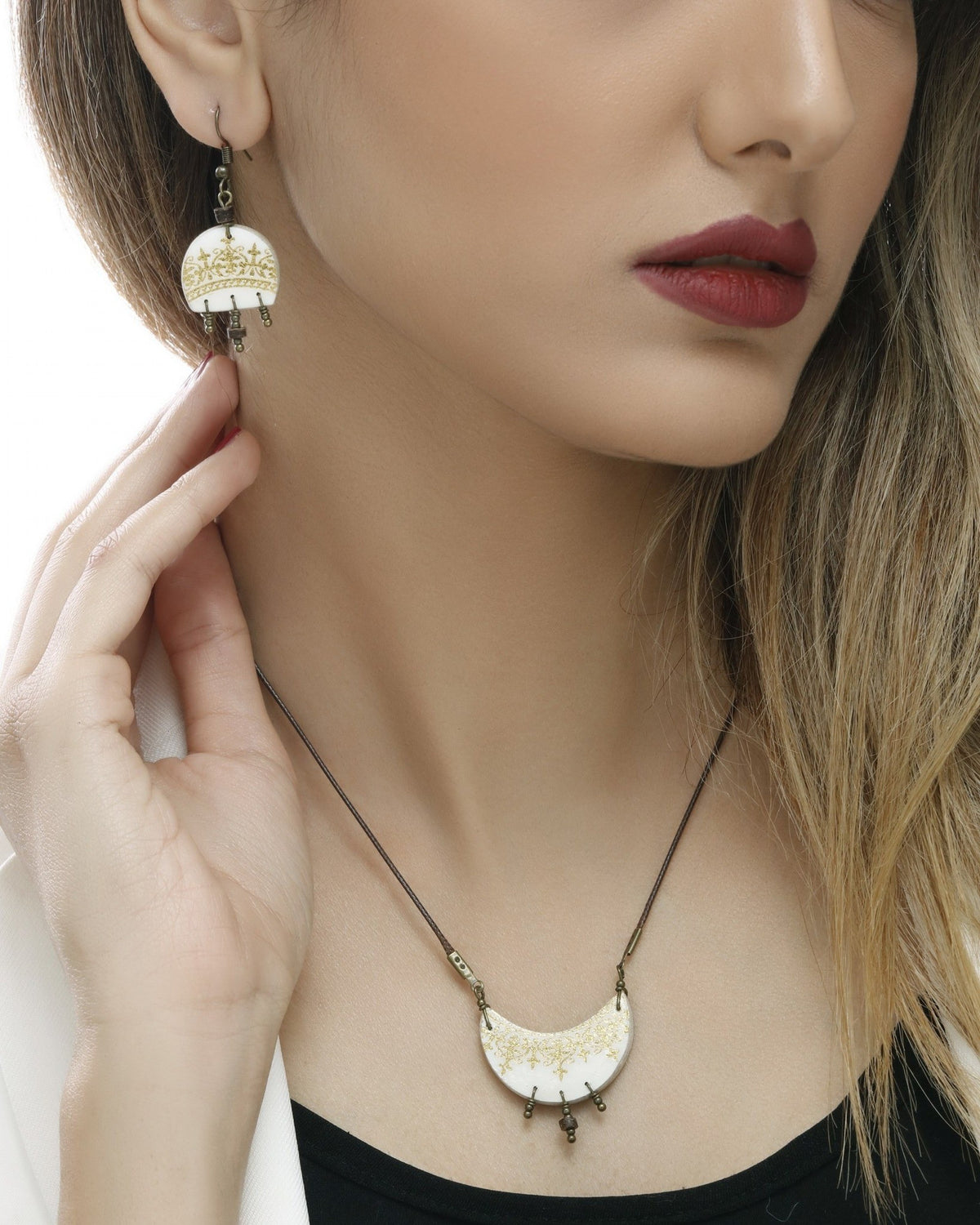 Zarrin Crescent Tile Necklace – worn, in scale, hand-cut air-dried Persian tile