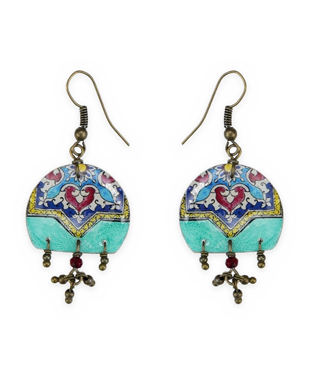 Zomorrod Arch Tile Earrings – front view, hand-cut air-dried Persian tile