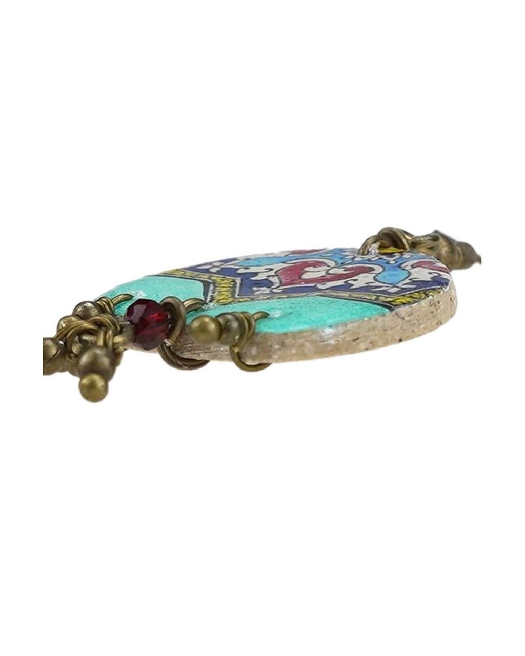 Zomorrod Arch Tile Earrings – detail, hand-cut air-dried Persian tile