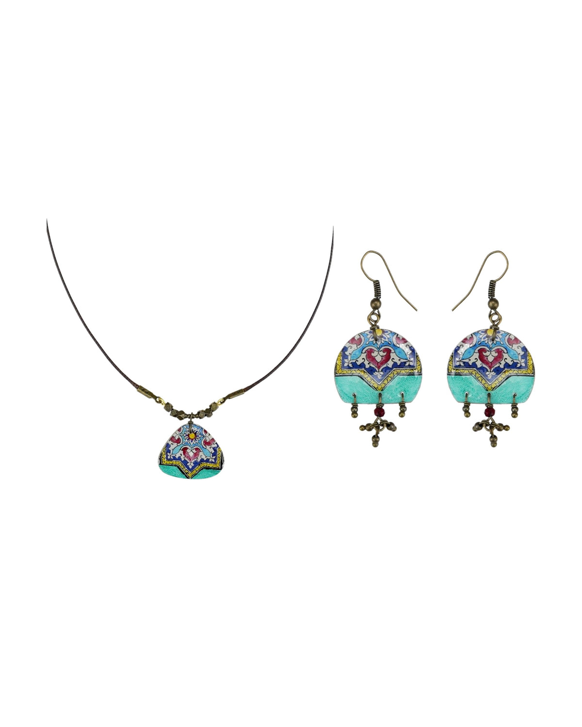 Zomorrod Turquoise Gift Set – Persian tile necklace and matching earrings on white