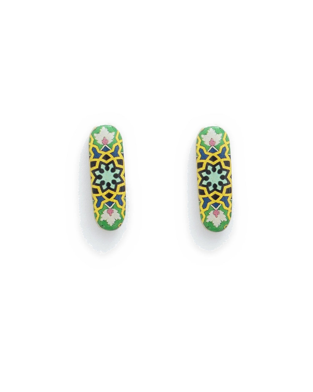 Zomorrod Oblong Tile Stud Earrings – front view, hand-cut air-dried Persian tile