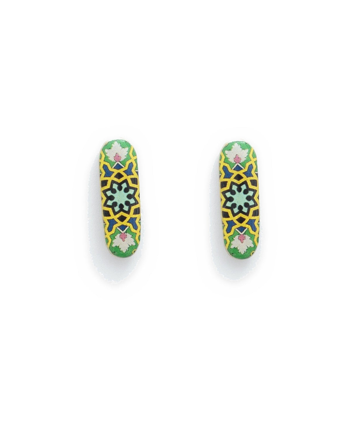 Zomorrod Oblong Tile Stud Earrings – front view, hand-cut air-dried Persian tile
