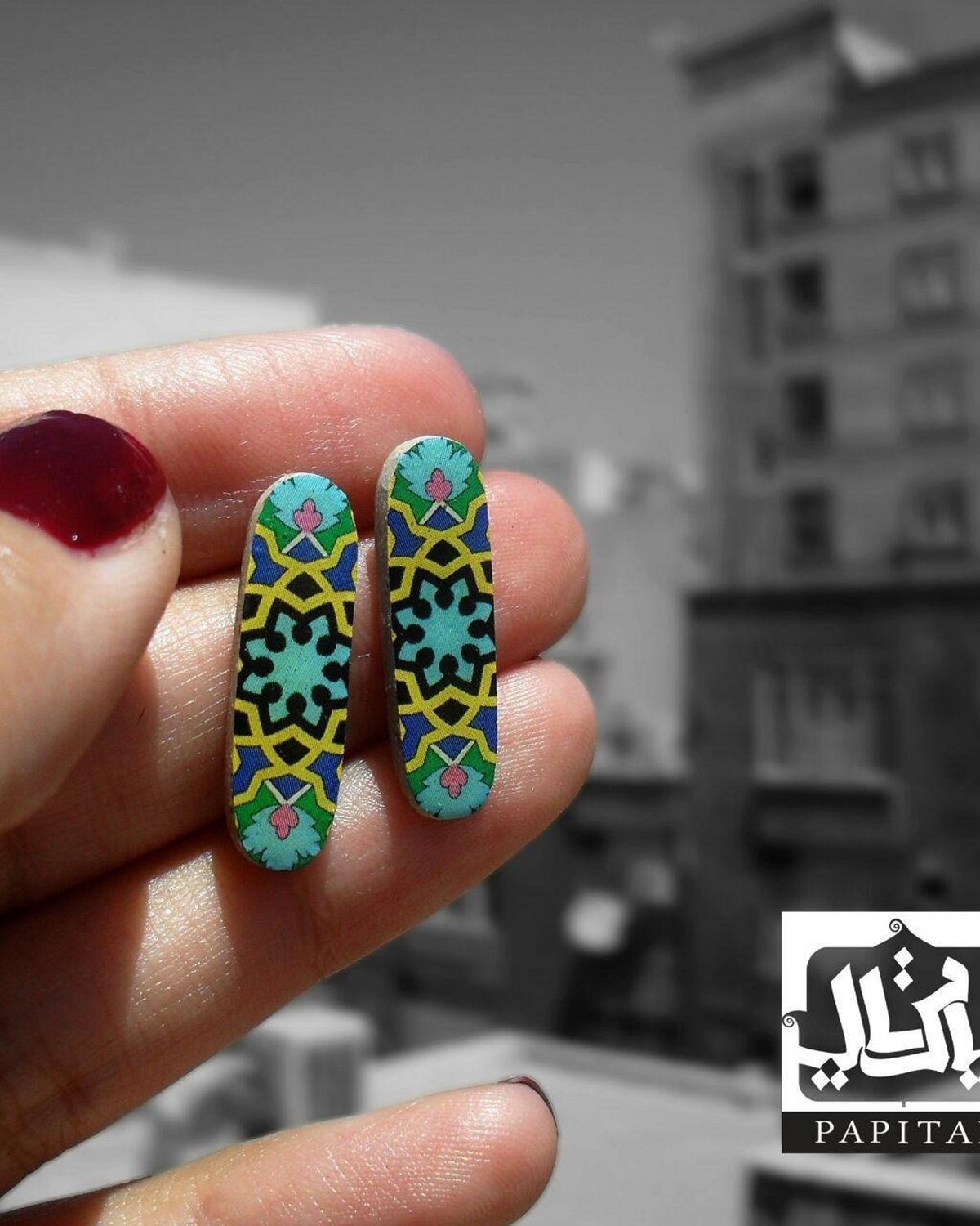 Zomorrod Oblong Tile Stud Earrings – worn, in scale, hand-cut air-dried Persian tile