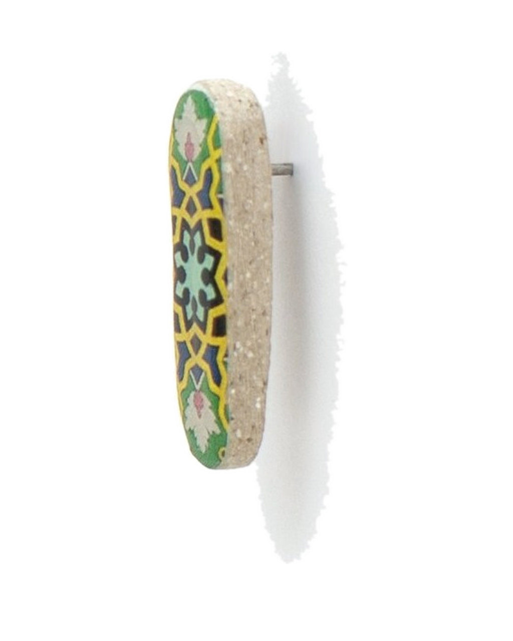 Zomorrod Oblong Tile Stud Earrings – detail, hand-cut air-dried Persian tile
