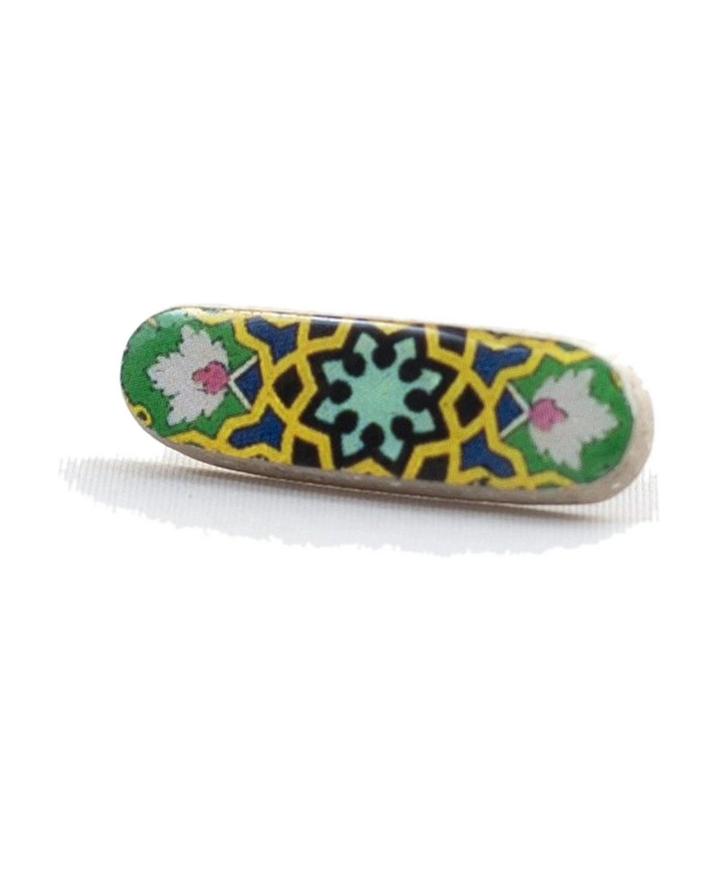 Zomorrod Oblong Tile Stud Earrings – detail, hand-cut air-dried Persian tile