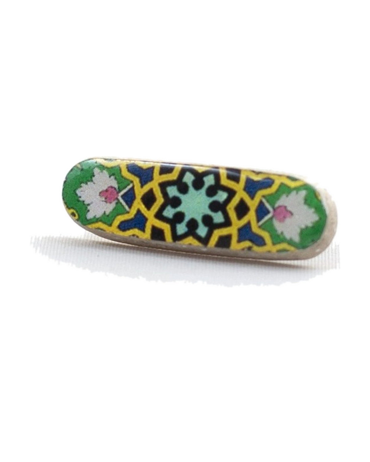 Zomorrod Oblong Tile Stud Earrings – detail, hand-cut air-dried Persian tile