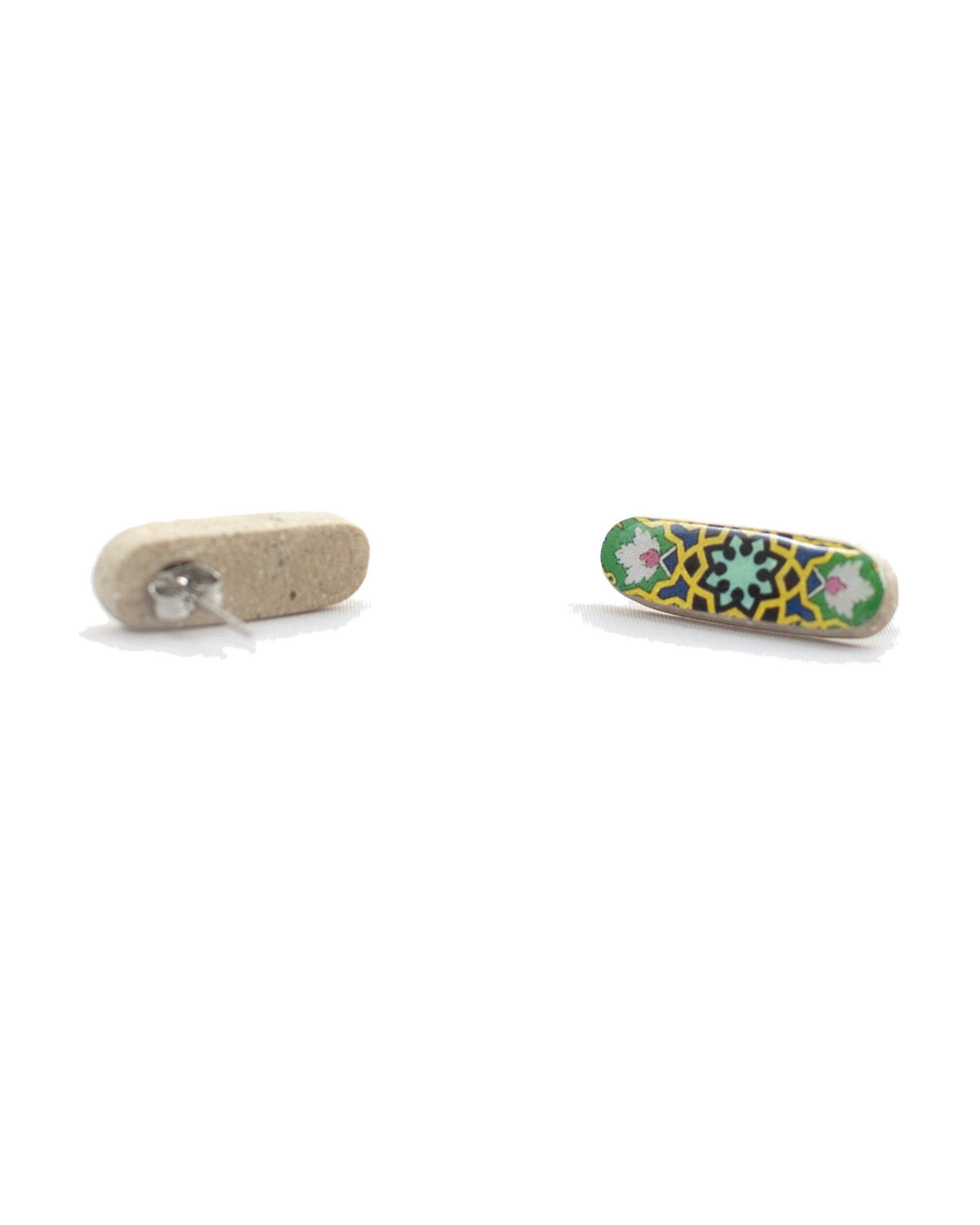 Zomorrod Oblong Tile Stud Earrings – detail, hand-cut air-dried Persian tile