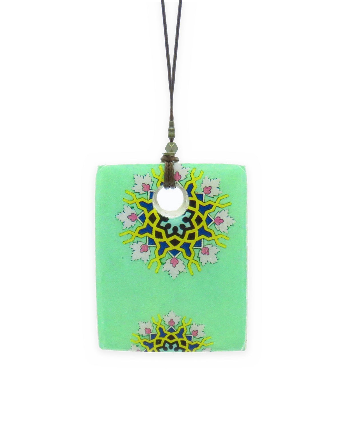 Zomorrod Rectangular Tile Necklace – front view, hand-cut air-dried Persian tile