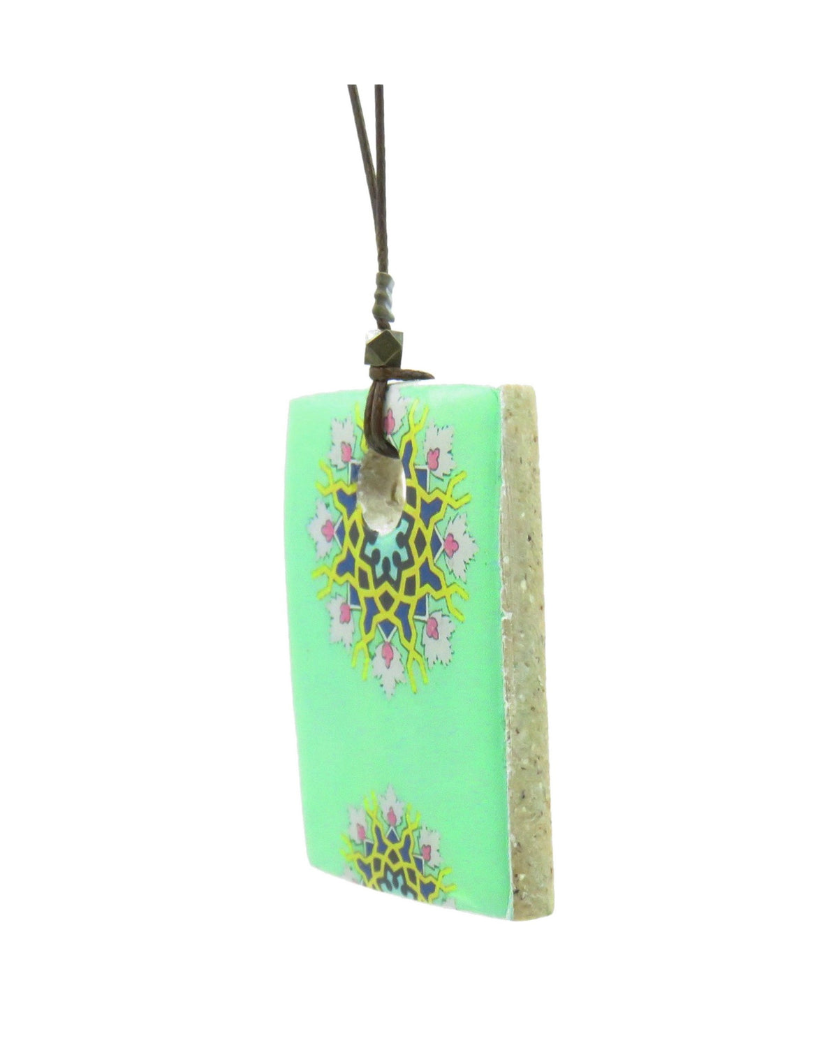 Zomorrod Rectangular Tile Necklace – detail, hand-cut air-dried Persian tile