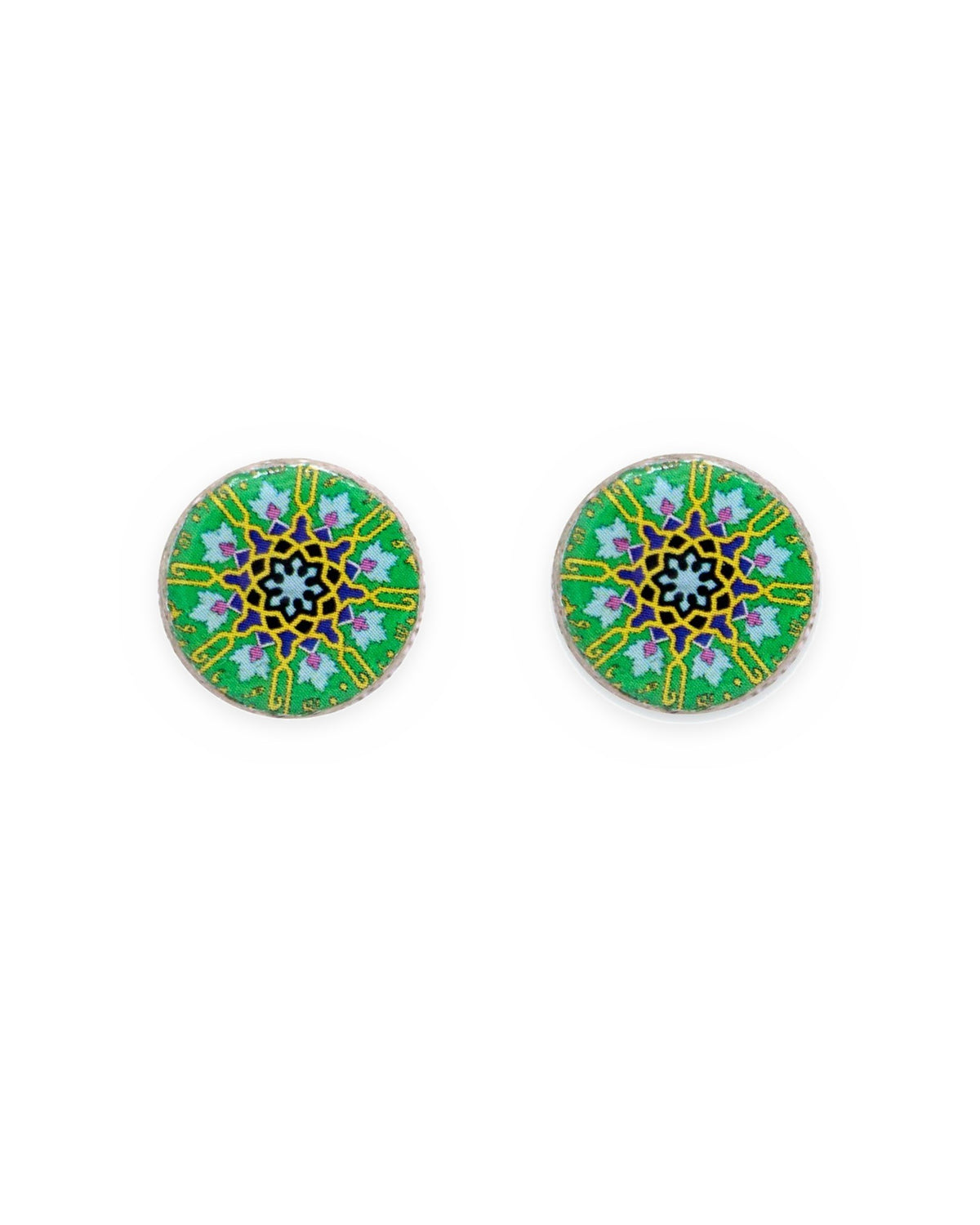 Zomorrod Round Tile Stud Earrings – front view, hand-cut air-dried Persian tile