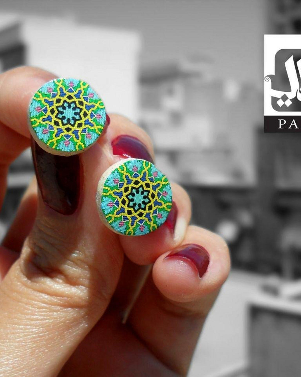 Zomorrod Round Tile Stud Earrings – worn, in scale, hand-cut air-dried Persian tile