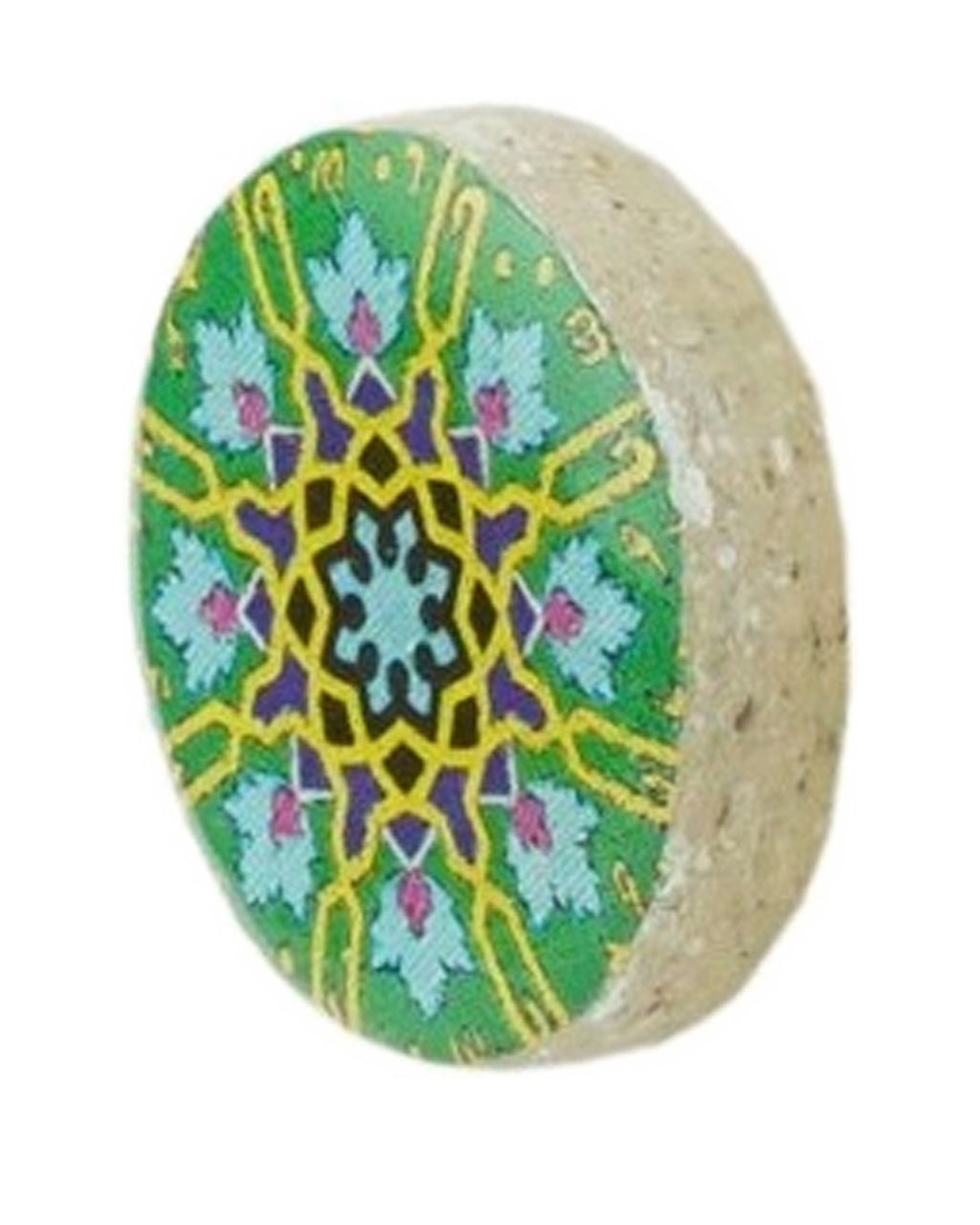 Zomorrod Round Tile Stud Earrings – detail, hand-cut air-dried Persian tile