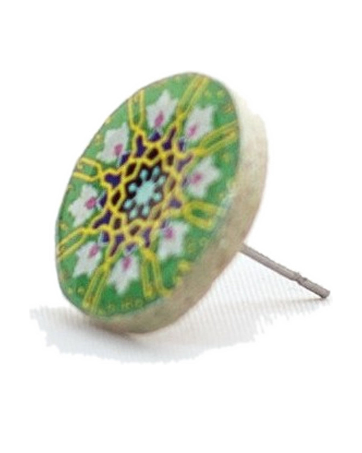 Zomorrod Round Tile Stud Earrings – detail, hand-cut air-dried Persian tile
