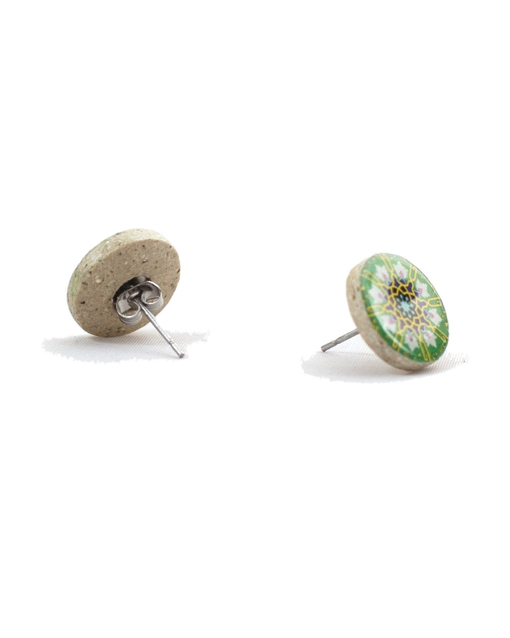 Zomorrod Round Tile Stud Earrings – detail, hand-cut air-dried Persian tile