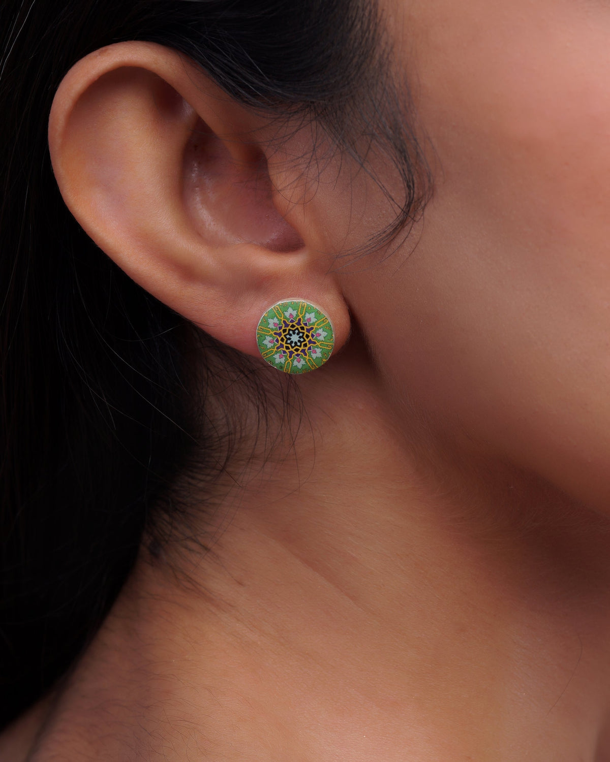 Zomorrod Round Tile Stud Earrings – worn, close-up, hand-cut air-dried Persian tile