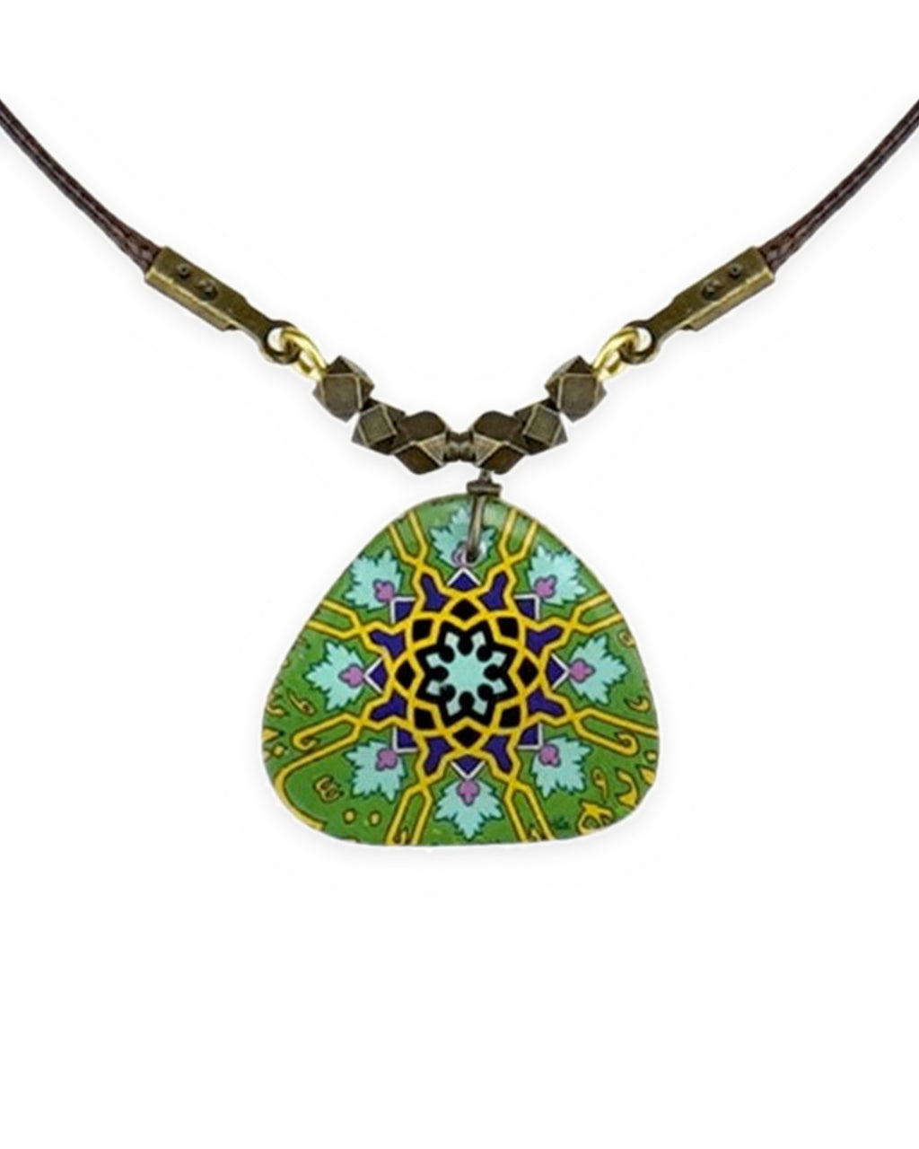 Zomorrod Rounded Triangle Tile Necklace Green – front view, hand-cut air-dried Persian tile
