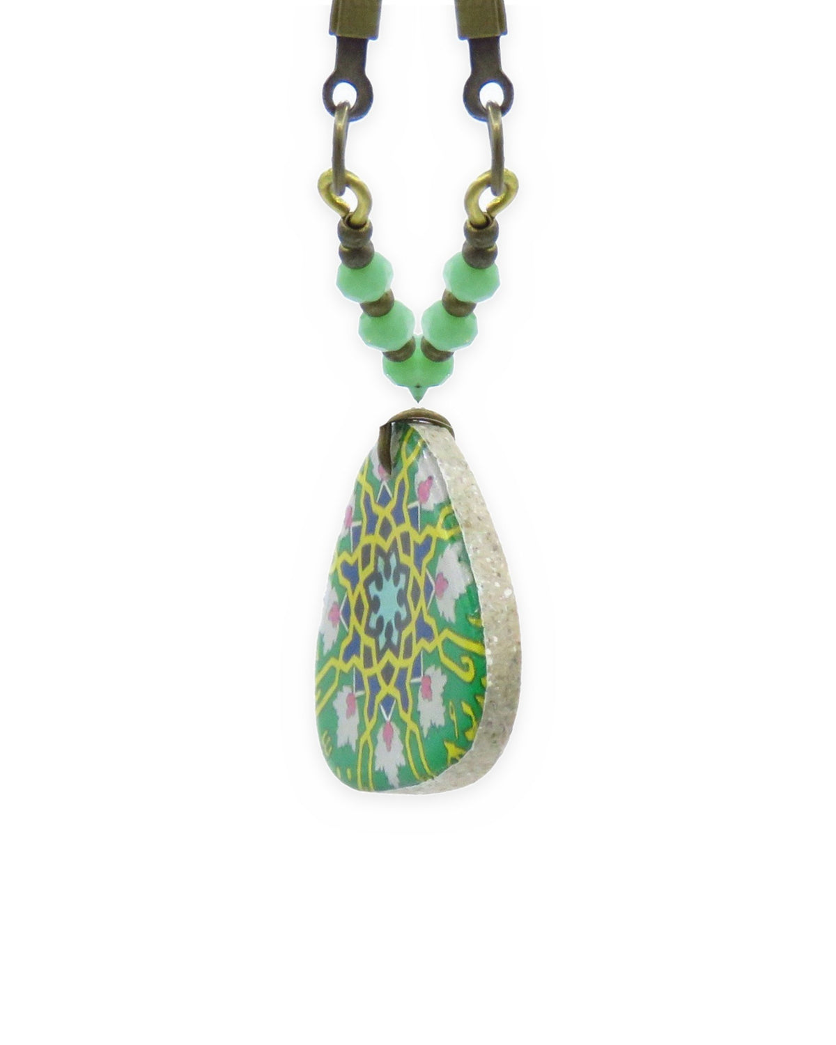 Zomorrod Rounded Triangle Tile Necklace Green – front view, hand-cut air-dried Persian tile