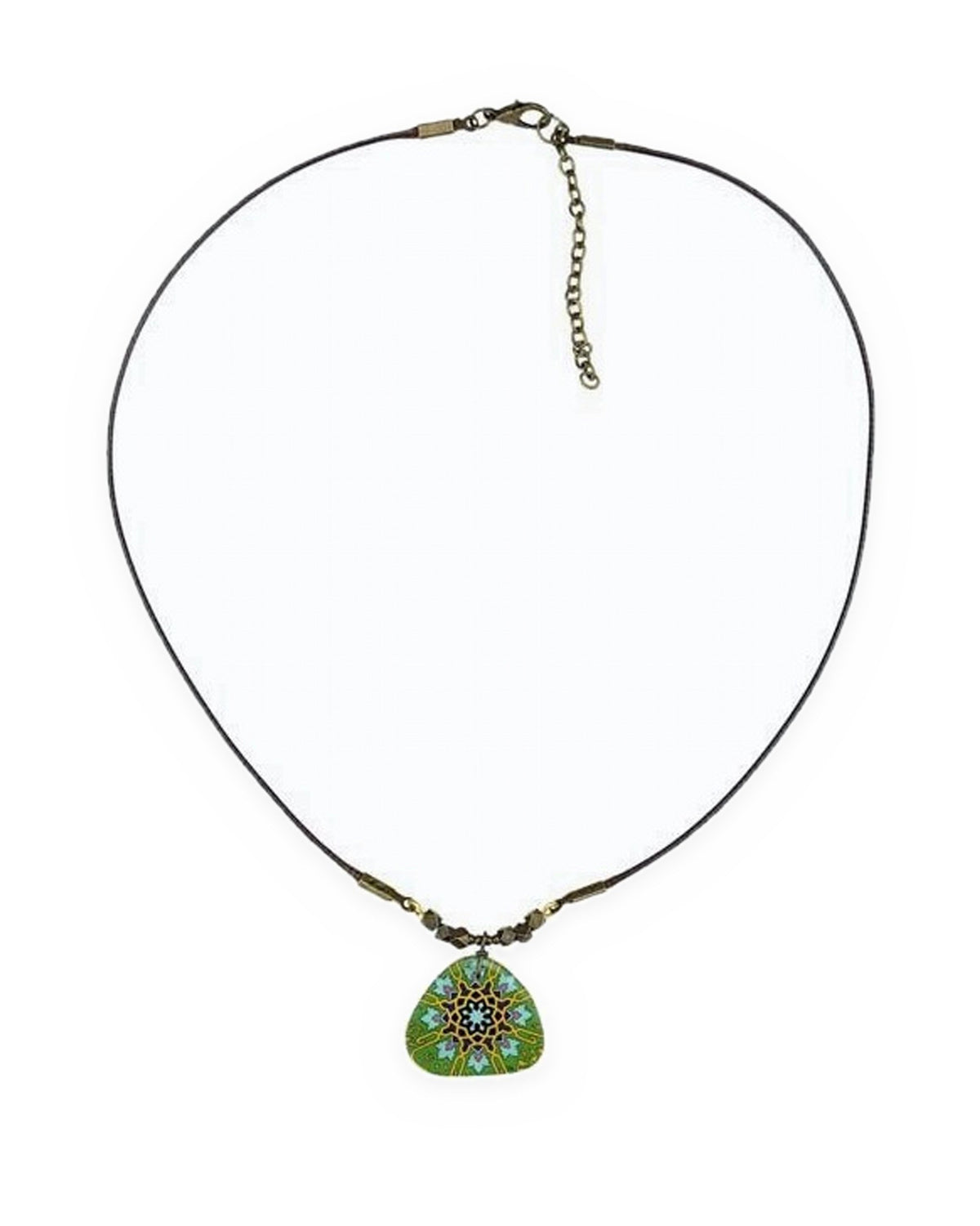 Zomorrod Rounded Triangle Tile Necklace Green – full length, hand-cut air-dried Persian tile