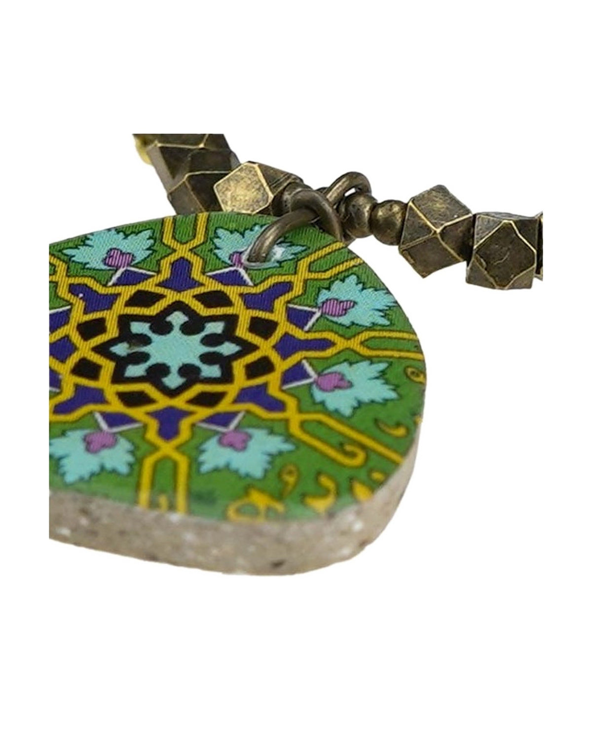 Zomorrod Rounded Triangle Tile Necklace Green – detail, hand-cut air-dried Persian tile