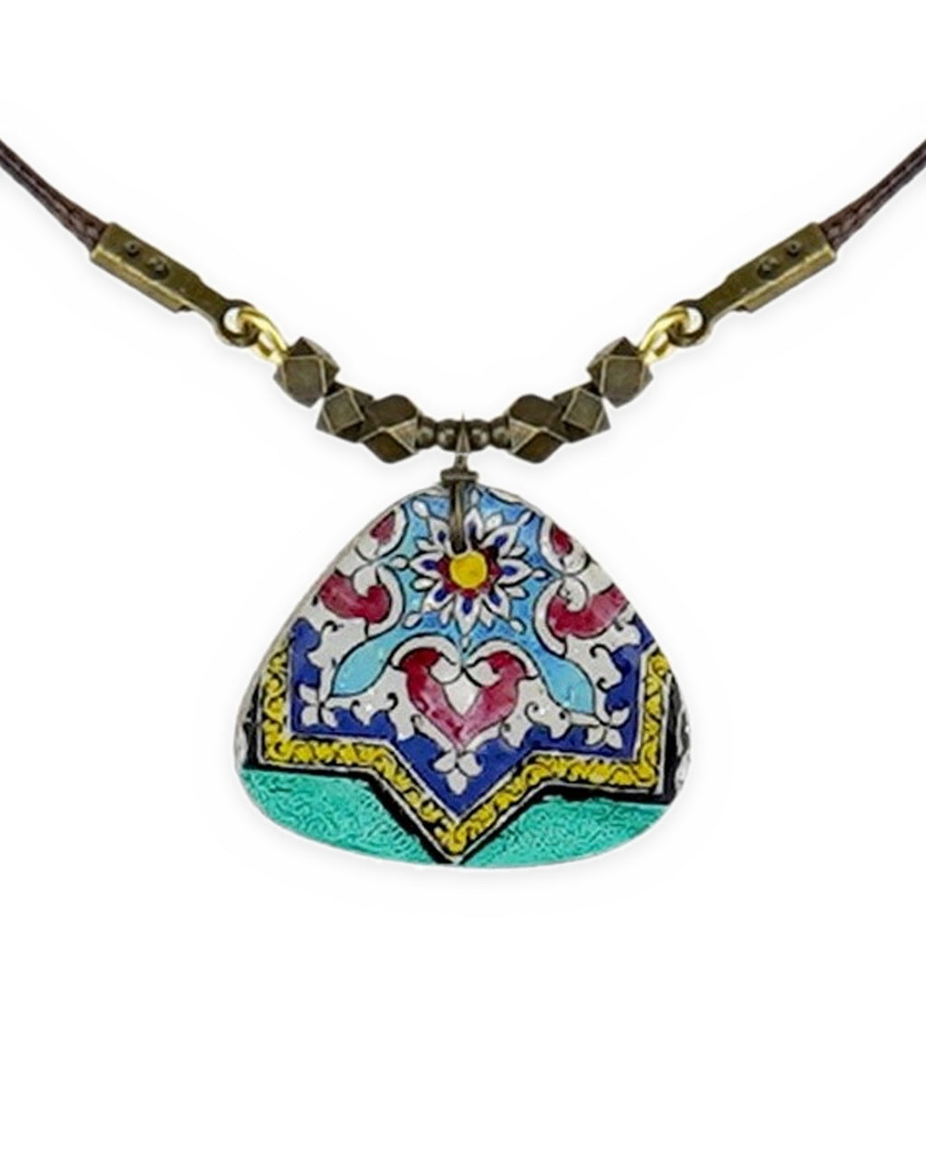 Zomorrod Rounded Triangle Tile Necklace Turquoise – front view, hand-cut air-dried Persian tile