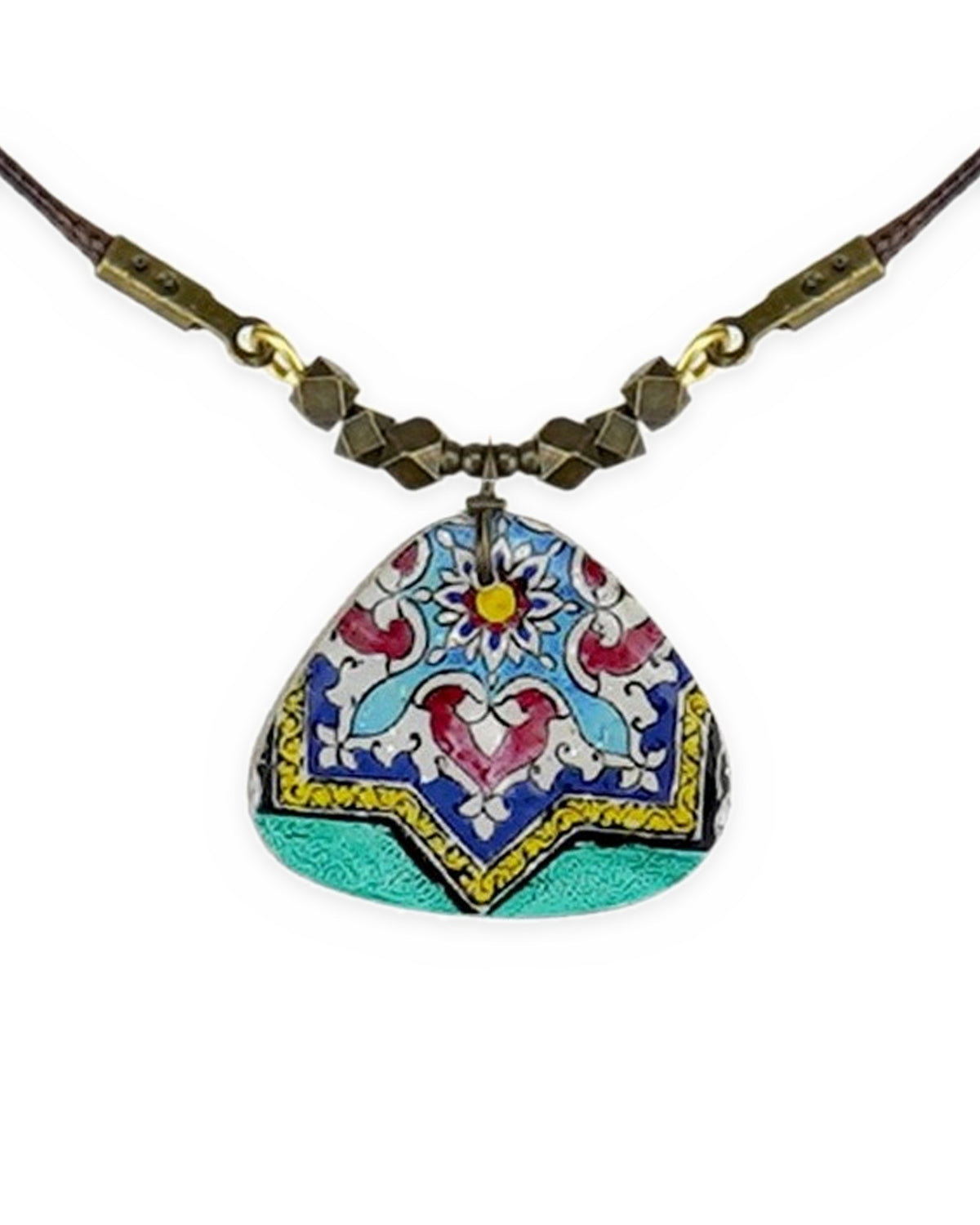 Zomorrod Rounded Triangle Tile Necklace Turquoise – front view, hand-cut air-dried Persian tile